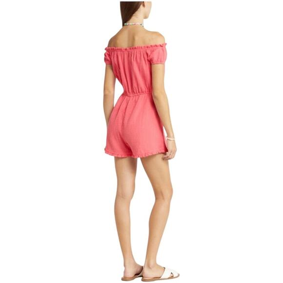 BP Pink Seersucker Off Shoulder Romper L Ruffle Trim Tie Waist Cotton - Picture 2 of 7
